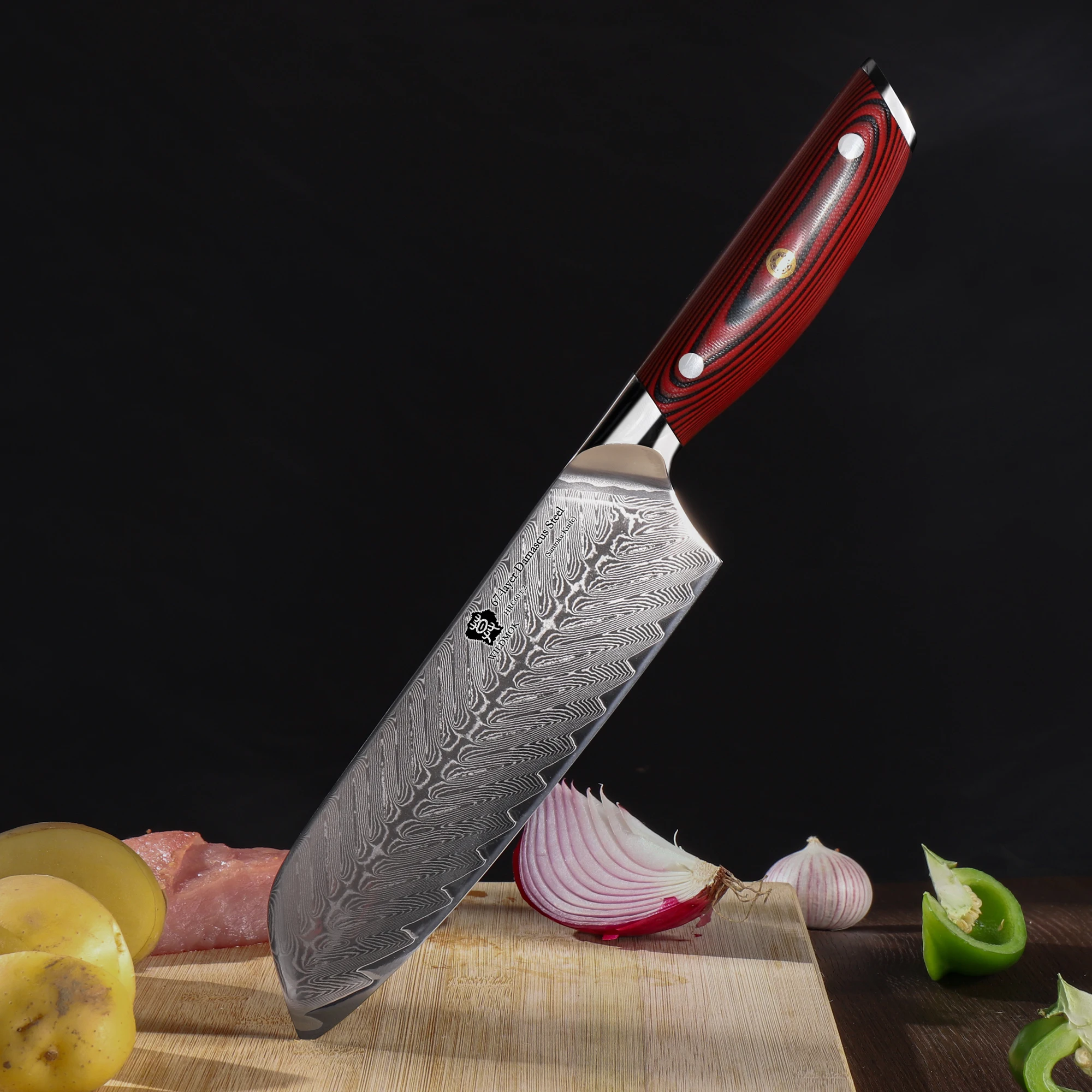 

Нож WILDMOK 7" Сантоку из дамасской стали, острый профессиональный нож для мяса, японская сталь Super VG10 с цельной рукоятью из G10