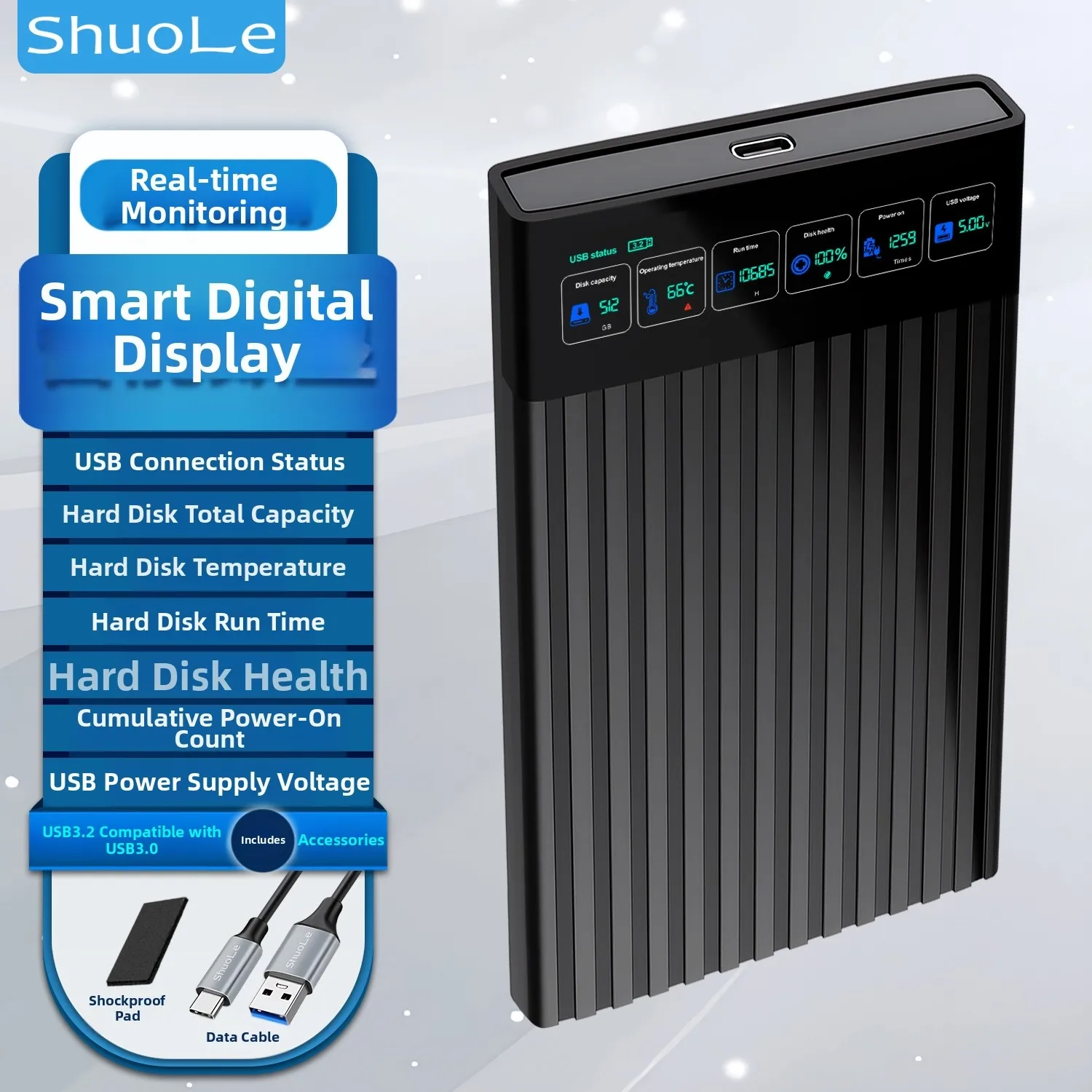 Hard Drive Enclosure with HD LED Screen for Real-Time SSD or HDD Metrics Including USB Voltage and Runtime for Multiple OS