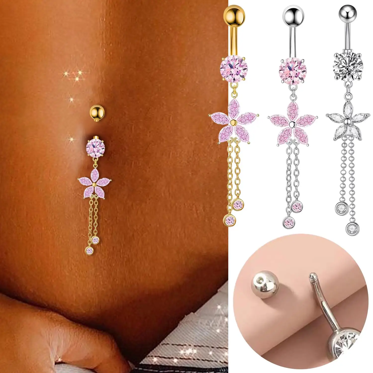 16G Tassels Dangle Belly Button Piercing Rings For Women Stainless Steel Cute CZ Flower Dangle Navel Piercing Belly Ring Jewelry