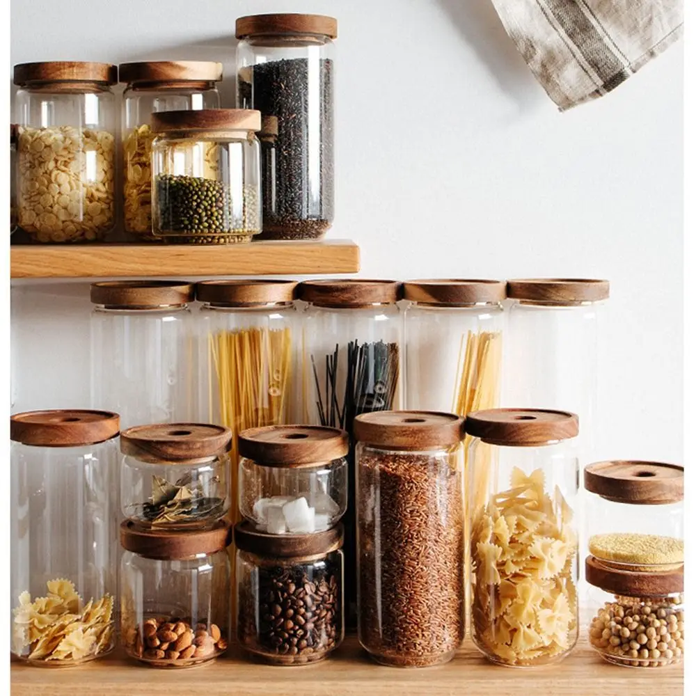 1Pcs Glass Storage Jar Food Storage Container with Airtight Wooden Lid Kitchen Canisters Home Storage Accessories