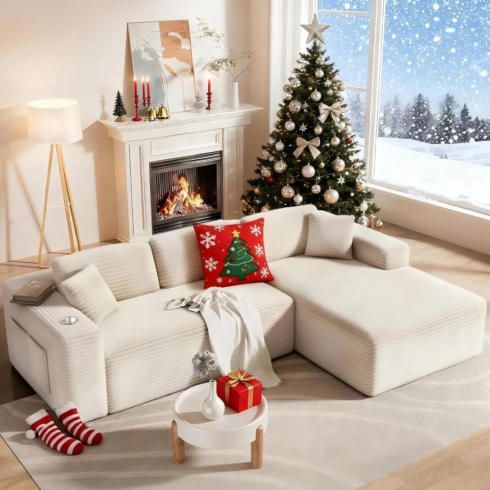 

108-inch Cloud Corner Sofa, Modern Modular Corner Sofa, Corduroy Frameless Sofa with Chaise Longue