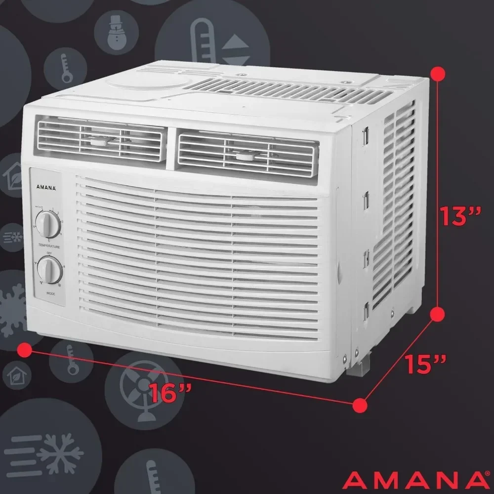 Klimatyzator okienny o mocy 5000 BTU do małych pomieszczeń o masie do 150 m2 Ft., sterowanie mechaniczne, automatyczne wyłączanie, zmywalny filtr