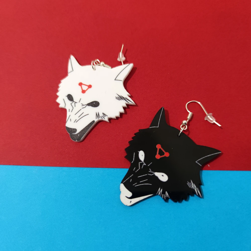 KUGUYS Jujutsu Kaisen Black White Wolf Dog Drop Earrings for Girls Womens Trendy Animal Jewelry Fashion Printing Accessories