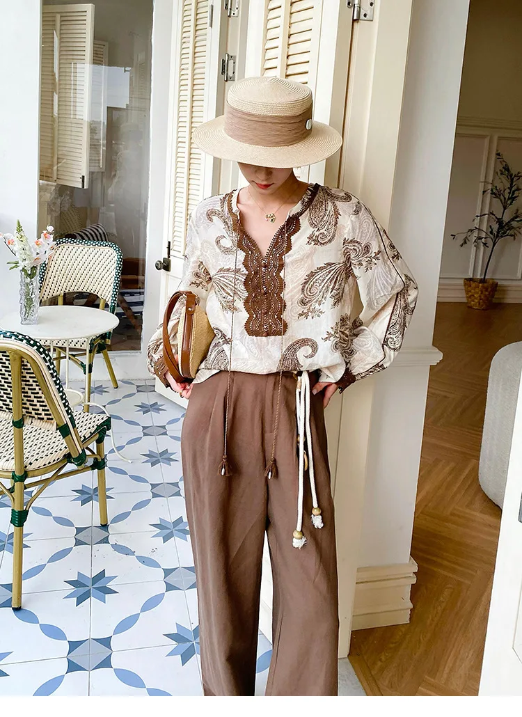 Boho Vintage Printed Blouse Shirt Women Elegant Lyocell Linen Spring Autumn V-neck Long Sleeve Ladies Loose Casual Ladies Tops