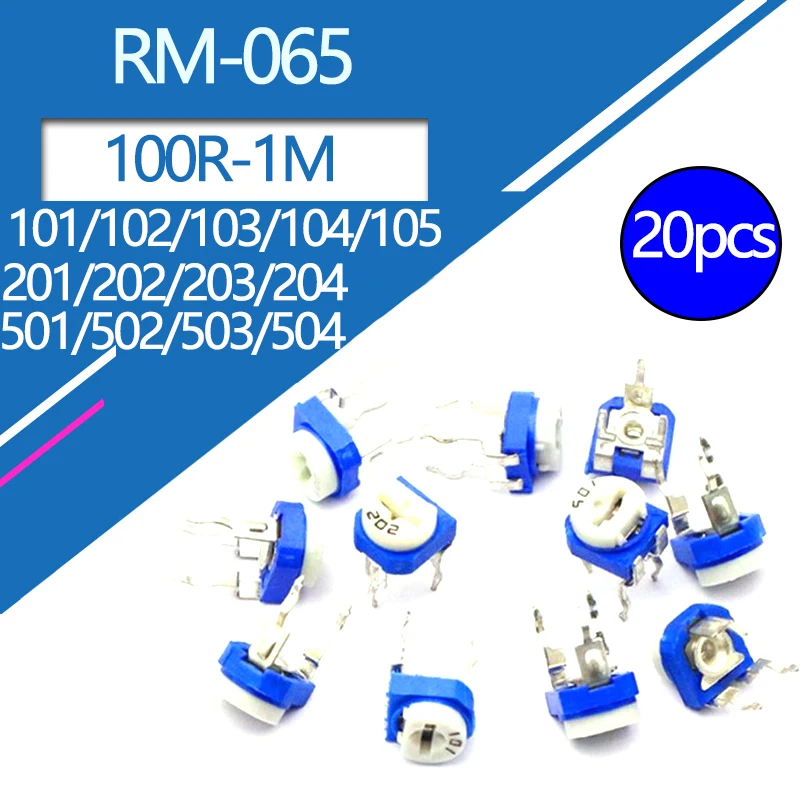 20szt RM065 101 102 103 104 105 201 202 203 204 501 502 503 504 Ohm Trimpot Trimmer Potencjometr Rezystor zmienny 100R RM-065