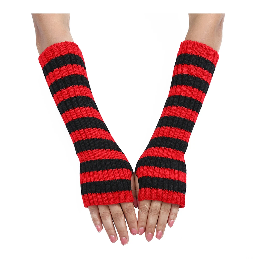 Winter Knitted Arm Sleeve Covers Women\'S Striped Long Fingerless Gloves Wool Knitting Wrist Arm Warmer Punk Gothic Elbow Mittens