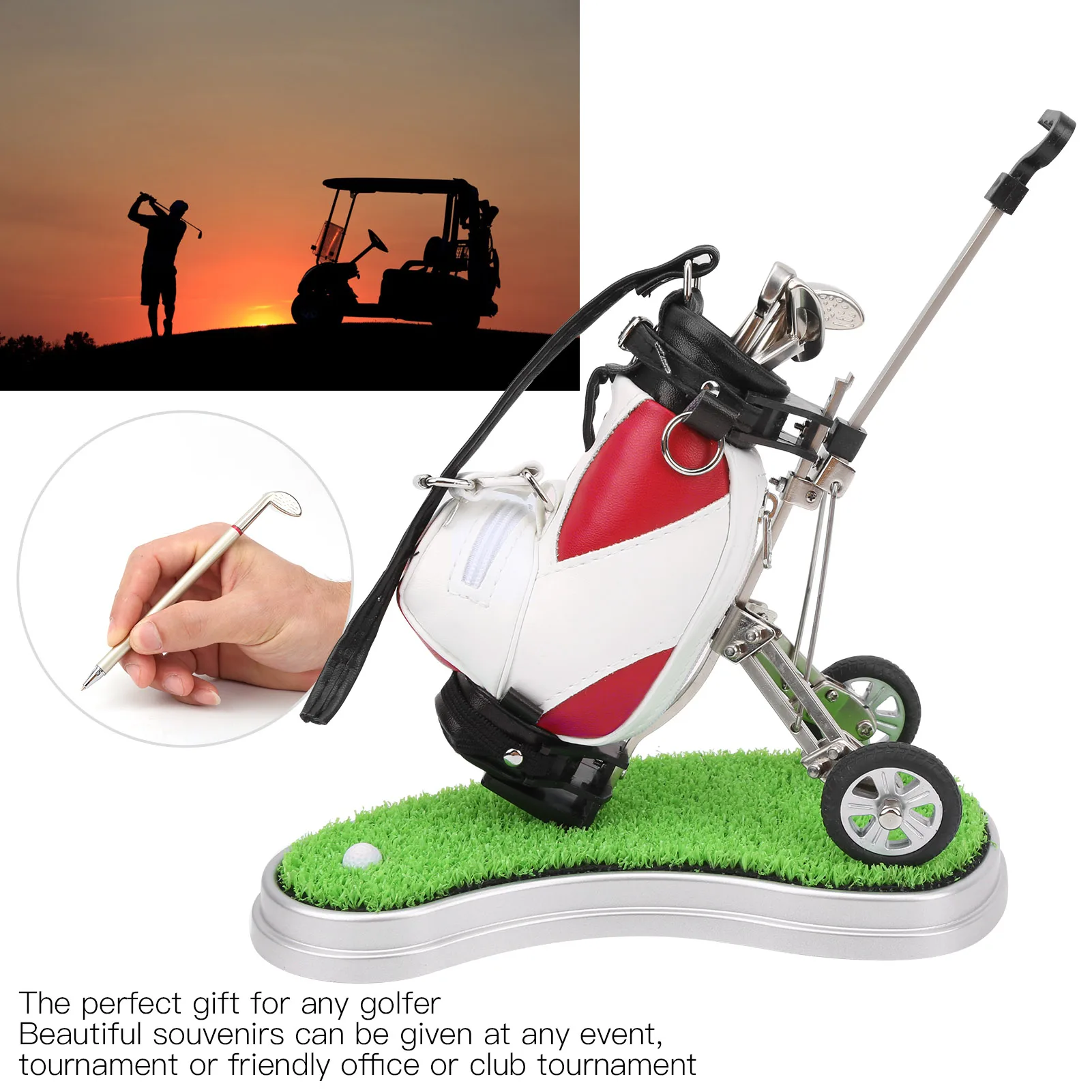

Desktop Golf Pen Set 3 Ballpoint Pens and Mini Bag Znic Alloy Golf Pen Bag with Base