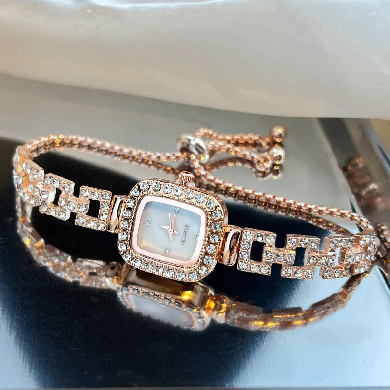 Niche Style Square Women Watch Pull-on Adjustable Link Chain Shiny Rhinestone Decor Ladies Quartz Watch Bracelet Jewelry Gifts