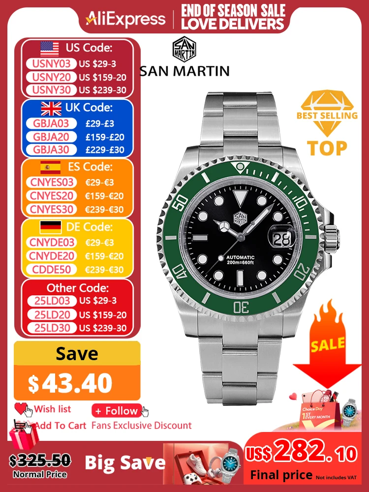 San Martin 41mm Mens Diver Watch Luxury Water Ghost PT5000 SW200 Automatic Mechanical Sapphire Date Cyclops 20Bar BGW-9 Luminous