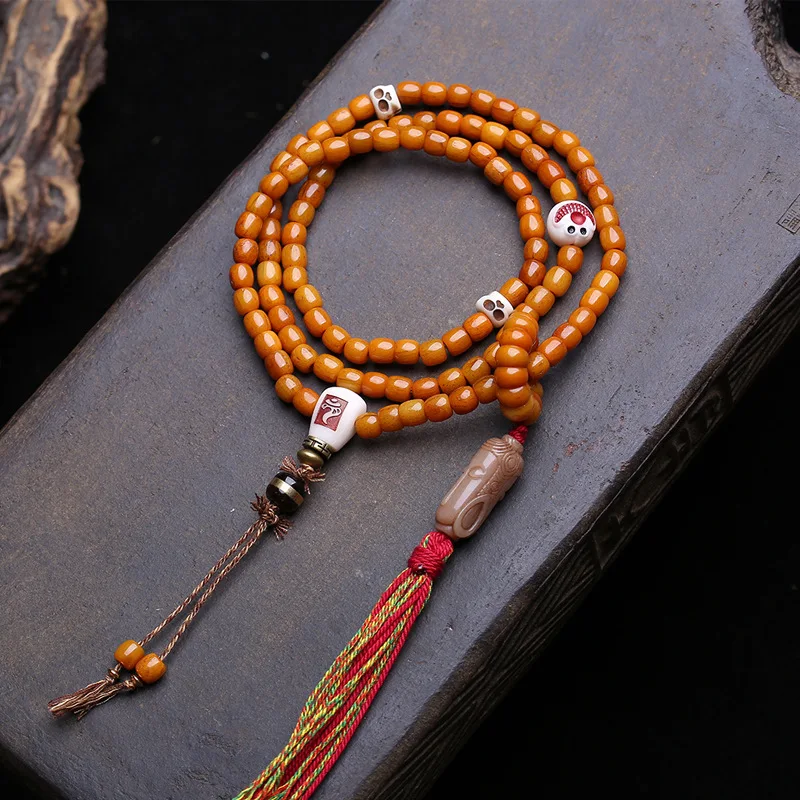 Hand-Held 108-Bead Buddhist Prayer With Yak Beads, Deer Antler, Katsura, Three-Way Connector, Bone