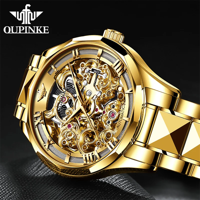 OUPINKE Automatic Tourbillon Men`s Mechanical Watch 5Bar Waterproof Luminous New Luxury Engraved Skeleton Mechanical Watch Reloj