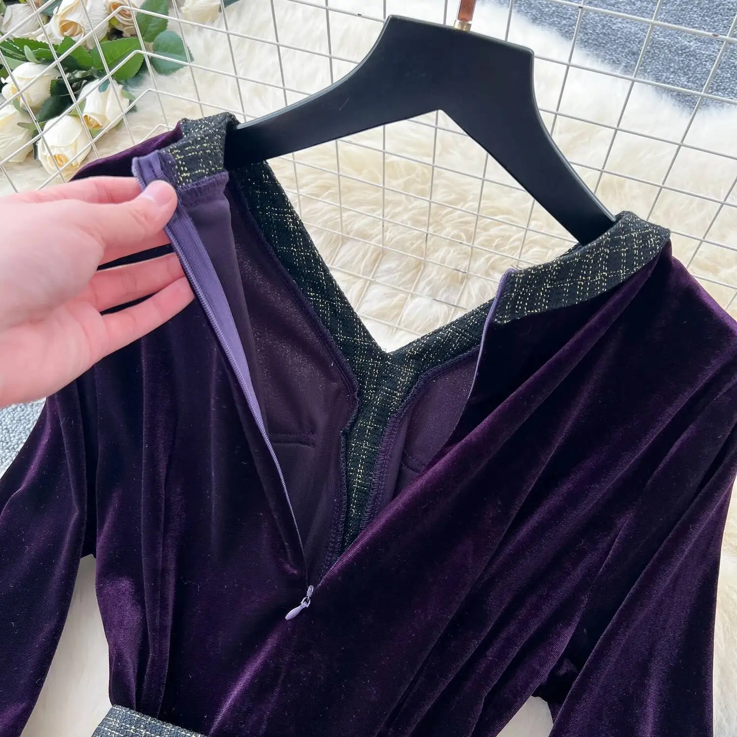 أنيقة خمر القطيفة واحدة الصدر مطوي أنيقة الجنية الكورية أزياء بوهو فستان الشمس النساء الملابس فستان طويل