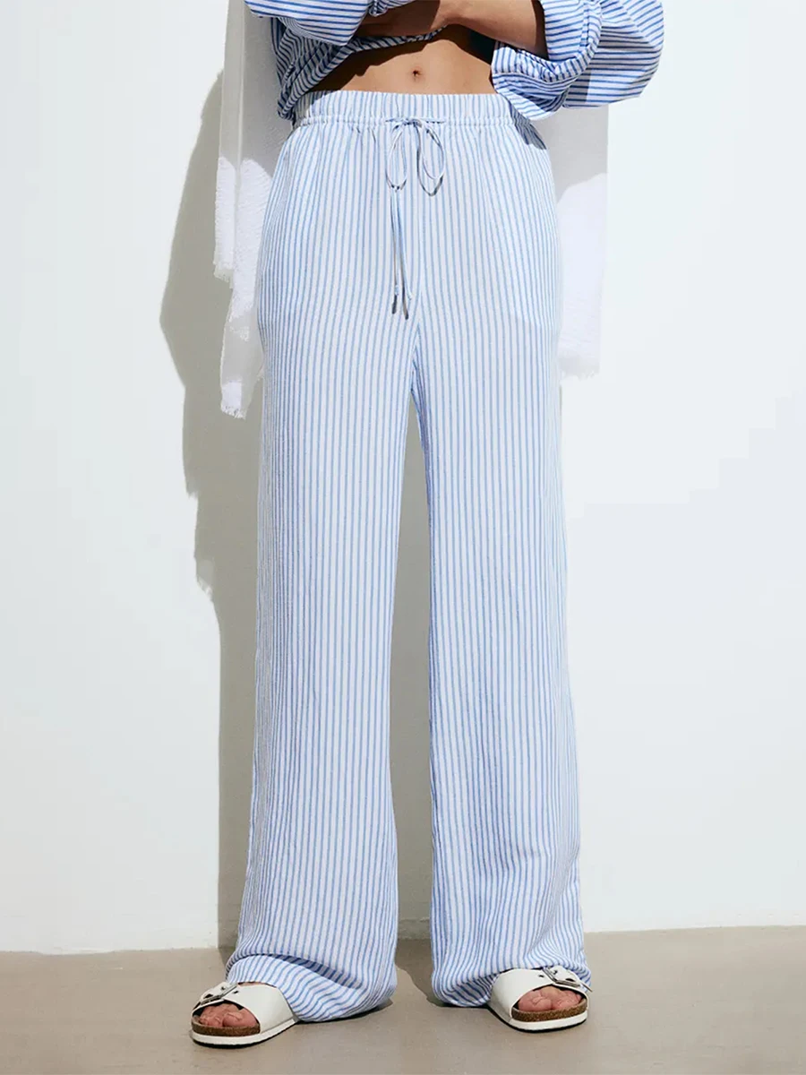 

New Women Loose Wide Leg Pants Casual Stripe Print Elastic Drawstring Trousers With Pockets For Work Office Streetwear S M L