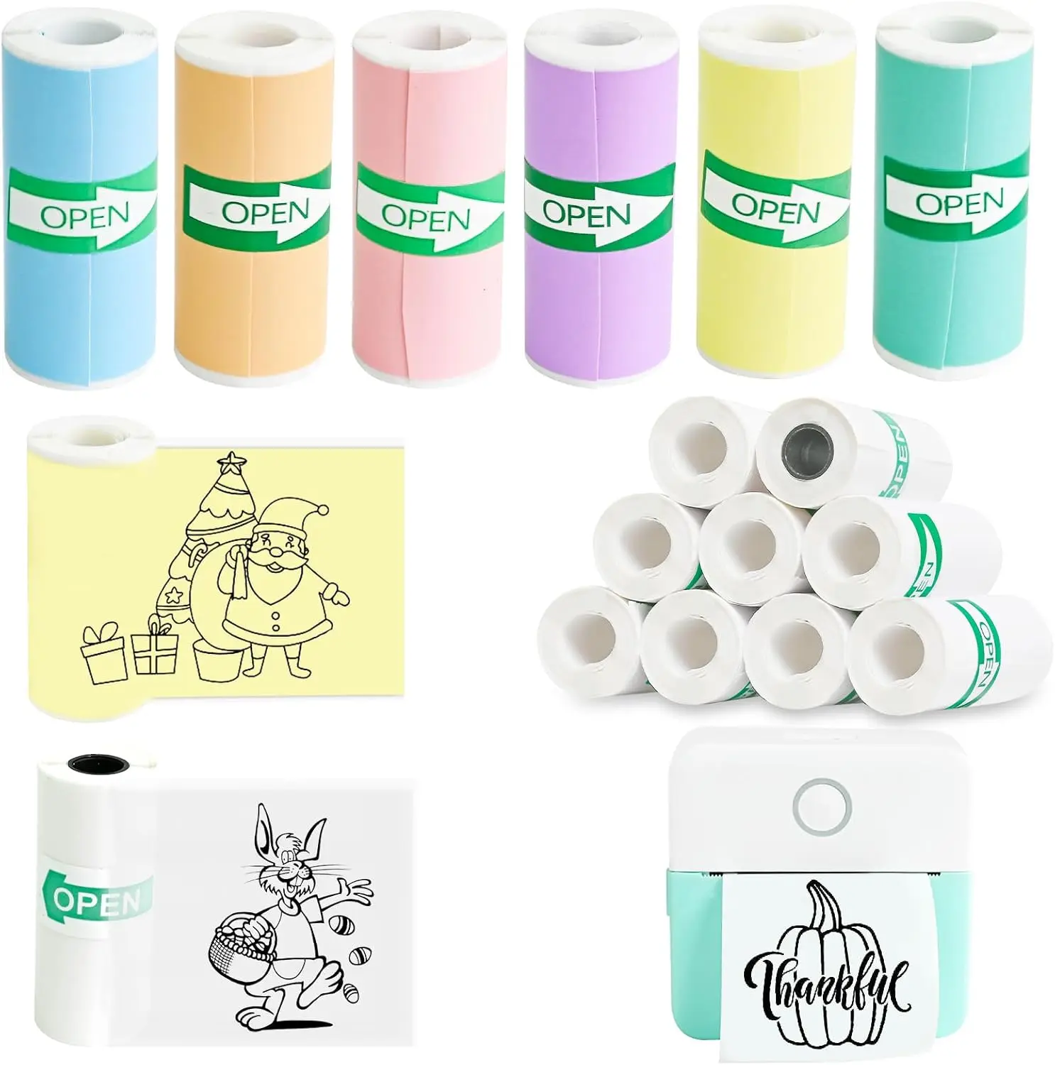 

Thermal Sticker Paper - 16 Rolls for Mini Printer, Self-Adhesive, 7 Colors & White & Transparent (57x25mm)
