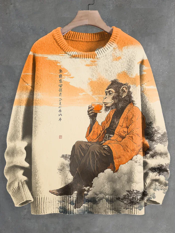 Men's Monkey King Enjoying Hot Springs Landscape Art Print Knit Sweatshirt Pullover Sweater Women For Men Sweater