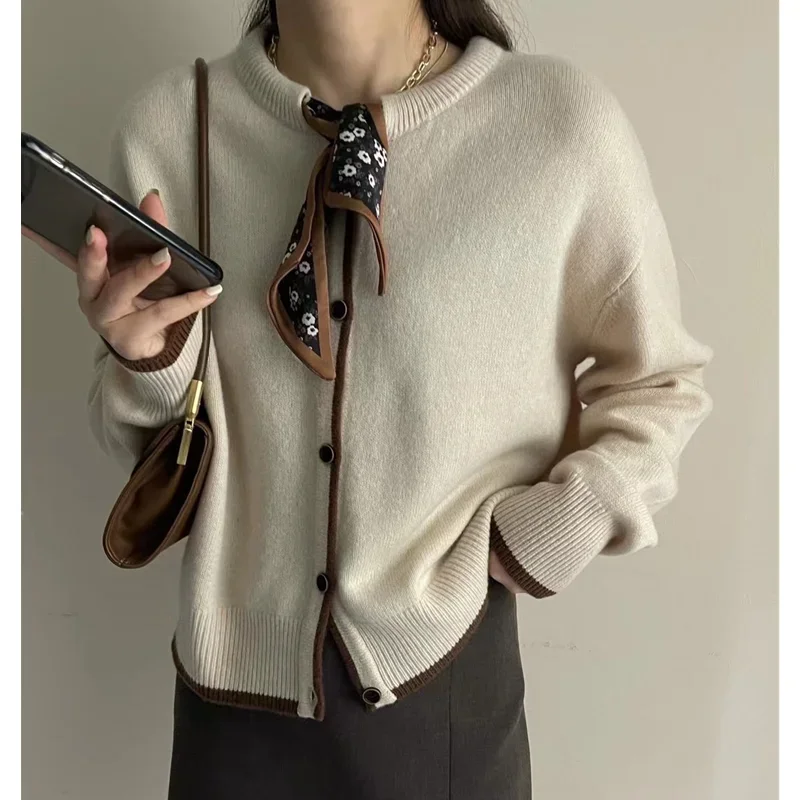 

Bow-tie Ribbon Pure Cashmere Cardigan Sweater Early Spring Temperament Round Collar Loose Wool Coat Cardigans Outwear N147