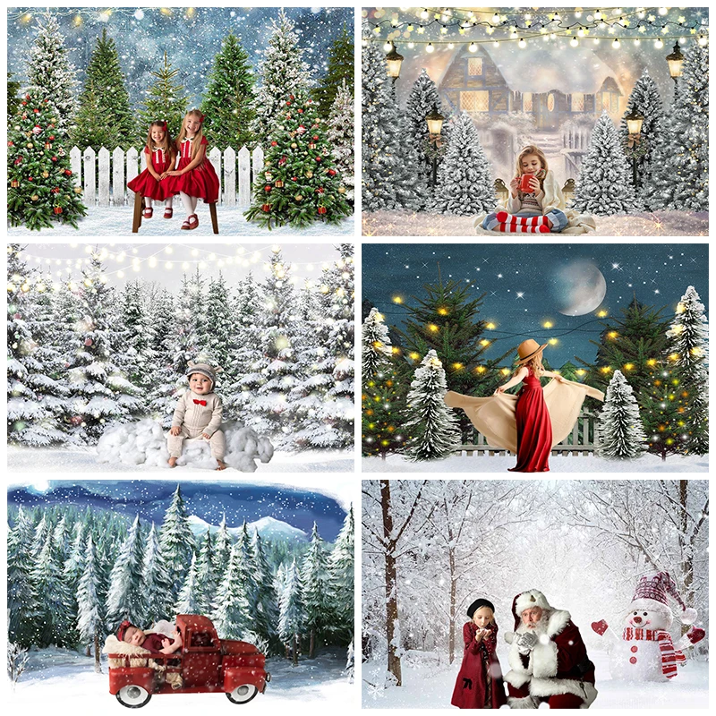 

Mocsicka Christmas Tree Background Photography Winter Forest Snow Fence Decoration Child Portrait Photo Backdrops Outdoor Studio