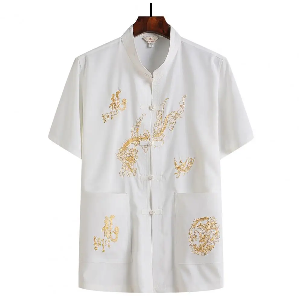 Men Tangs Suit Top Embroidery Dragon Short Slleve Men Shirt Solid Color Stand Collar Chinese Kung Fu Wing Chun Garment Shirt