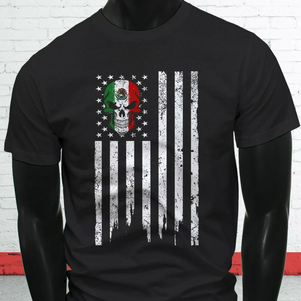 Mexican American Skull Mexico Flag Pride T-Shirt 100% Cotton O-Neck Summer Short Sleeve Casual Mens T-shirt Size S-3X