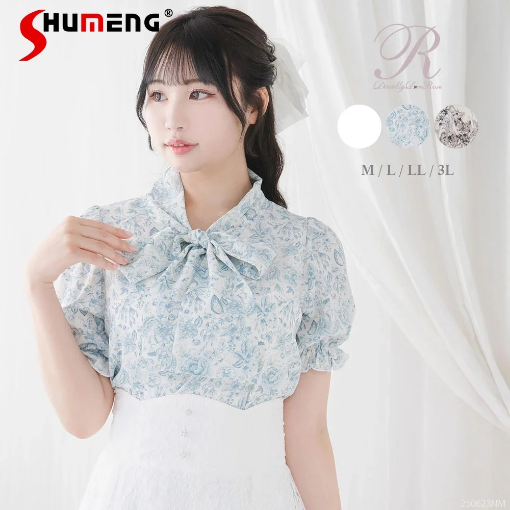 

Japanese Mine Style Sweet Cute Versatile Blouse Lace-up Bow Bubble Short Sleeve Printing Elegant Simple Shirts Tops Women Summer
