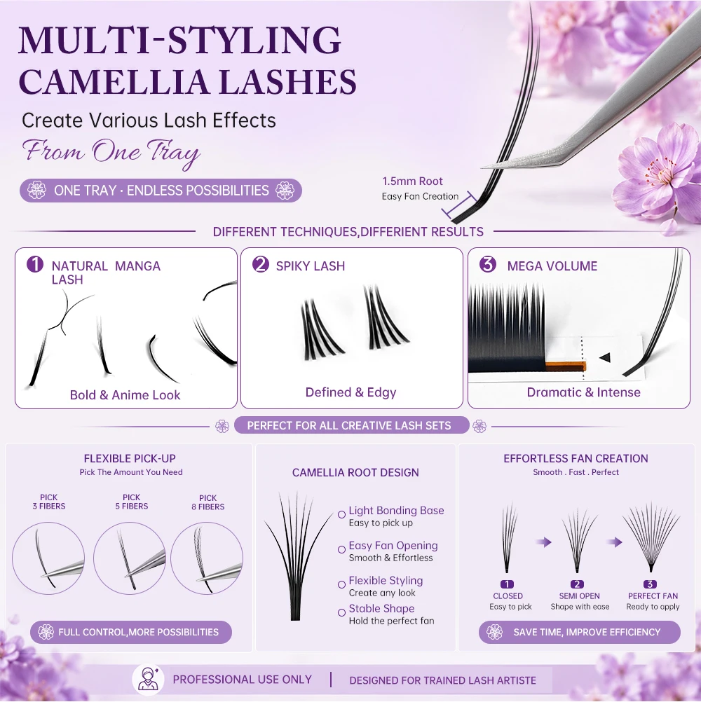 Yelix Camellia Volume Lashes Manhua Wimpernverlängerungen mit Kürzeren Wurzeln, UB UC LJ LB LC Curl, Weiche Natürliche Wimpern im Großhandel – Detail 5