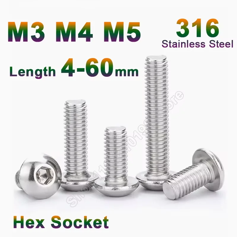 10-100pcs ISO7380 M3 M4 M5 316 Stainless Steel Hex Socket Button Head Allen Round Head Mechanical Bolt Screw Length 4-60mm