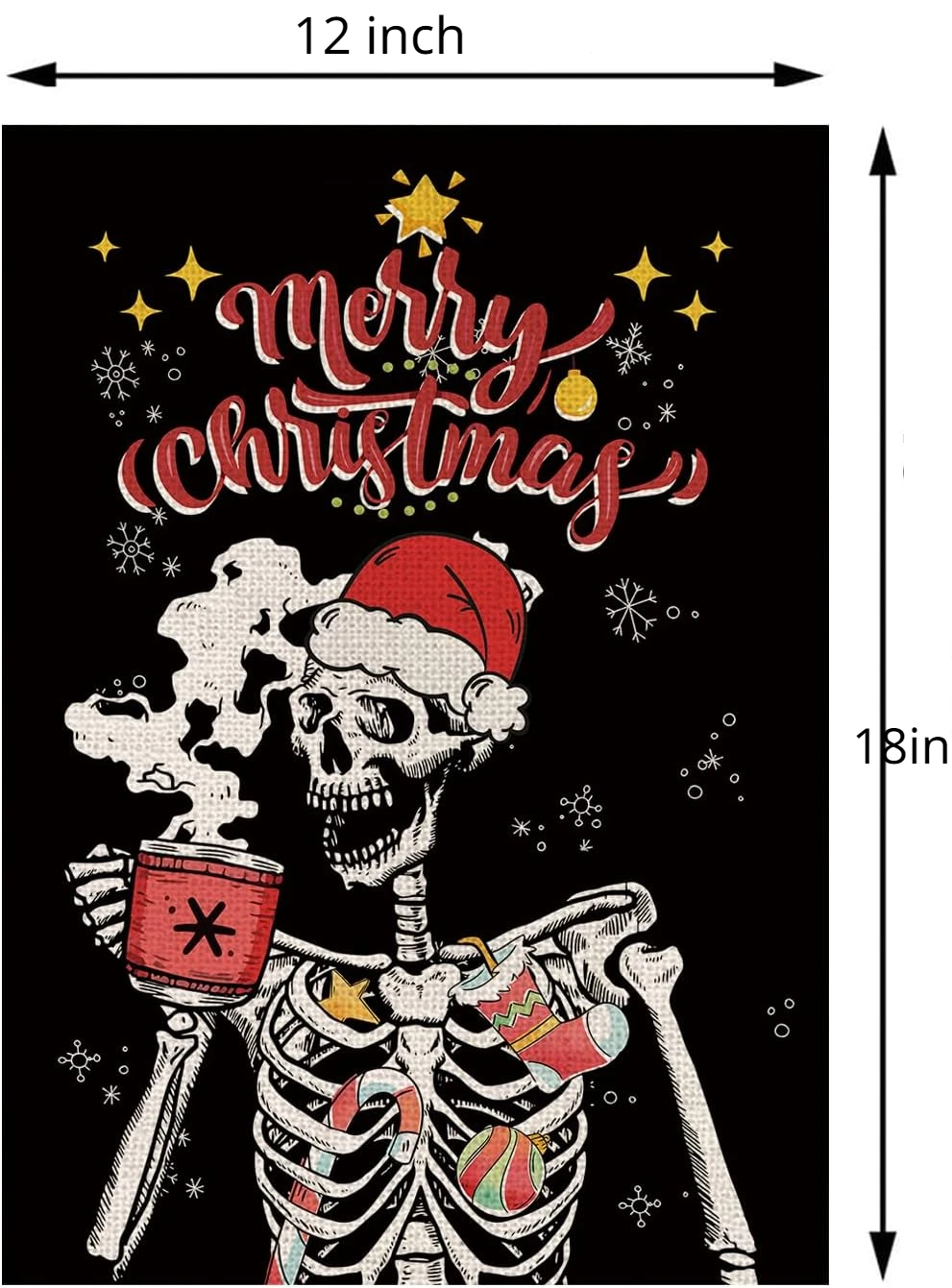 Merry Christmas Garden Flag Hat Skeleton Coffee Double Sided Funny Xmas Winter Holiday Decorations Yard Lawn Outdoor Decor