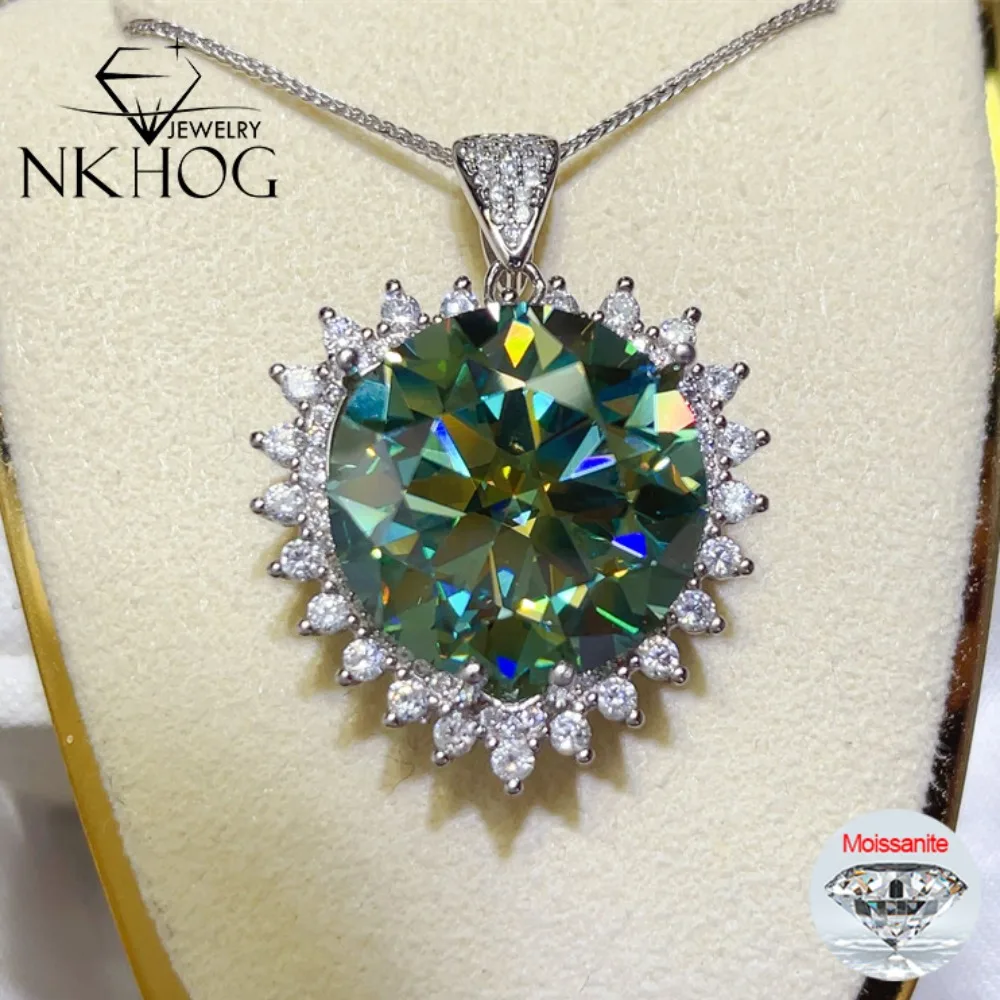 NKHOG 20CT Green/White Moissanite Necklaces Women 925 Sterling Silver Luxury Wedding Party Diamond Chains Pass Test Jewelry GRA