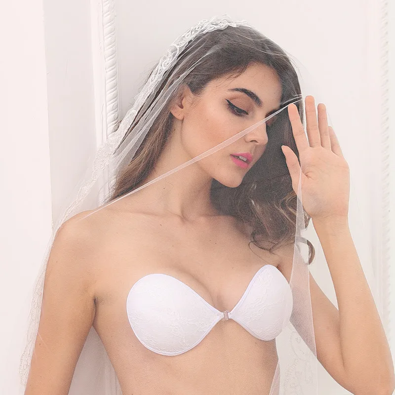 Sanderala Women Lace Comfortable Bralette Fly Front Closure Push Up Bra Strapless Invisible Fly Bras Wedding Sexy White Bustier