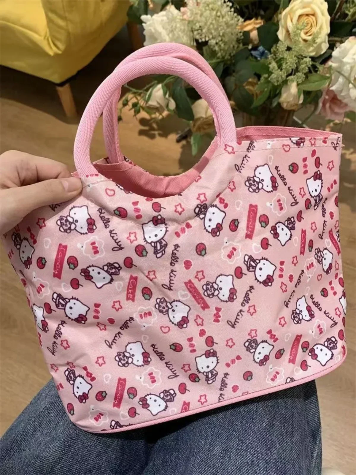 Hello Kitty Tote Bag Miniso Pink Cartoon Print Zipper Portable Shoulder Bag Versatile Large Capacity Travel Makeup Storage Bags