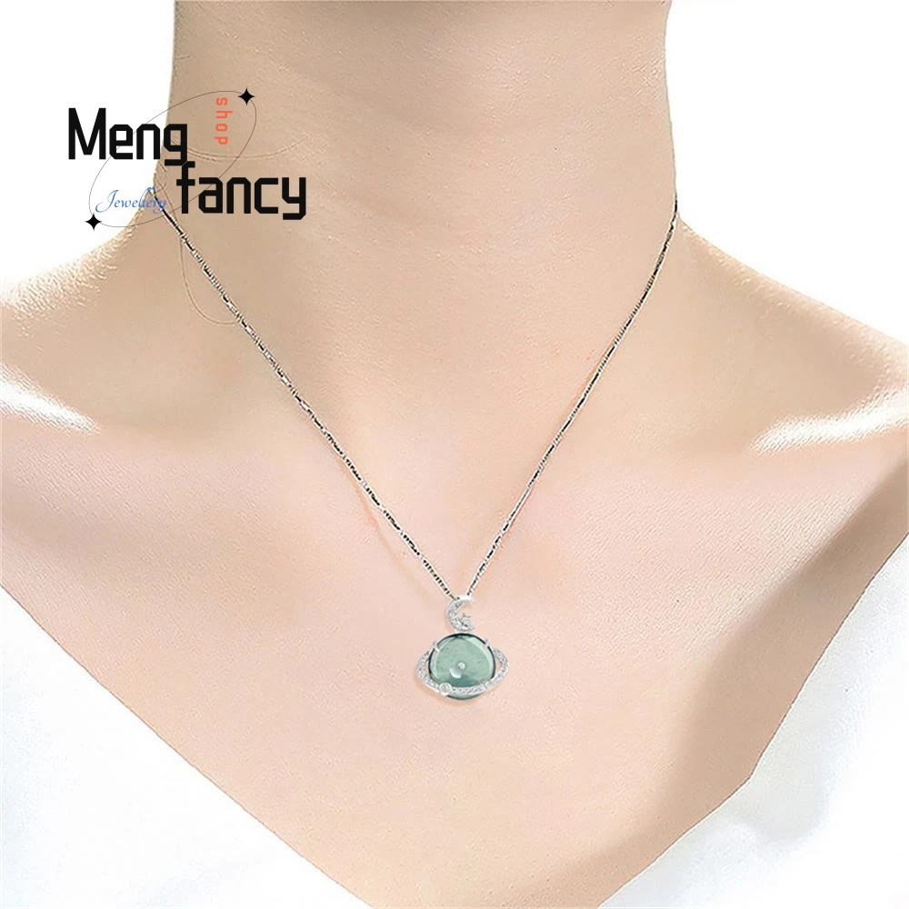 Natural A-goods Jadeite Blue Water Ping An Buckle S925 Silver Inlay Ice Jade Pendant High-grade Fashion Jewelry Holiday Gifts