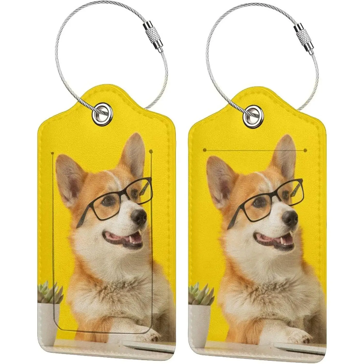 

2 шт. желтые багажные бирки для чемоданов, милая собака с узором для очков, кожаная бирка для рюкзака с петлей из нержавеющей стали, конфиденциальность