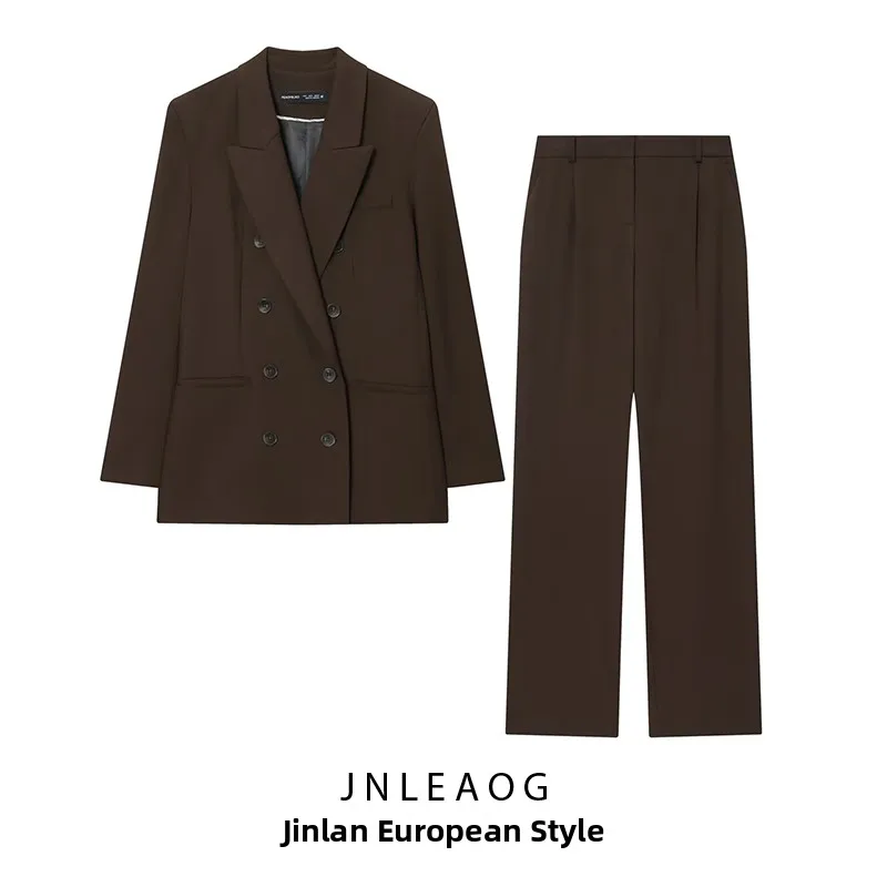 Shoulder Pad Double Breasted Suit Jacket with Pleated Straight Leg Pants Women's Fashion Autumn Collection Two Piece Set