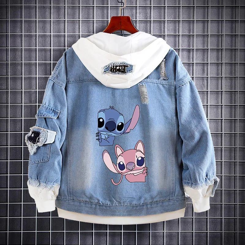 Disney Anime Stitch Children Denim Jacket Cute Loose Fitting Spring Autumn Hooded Sweater Outdoor Sport Coat Boy Birthday Gift