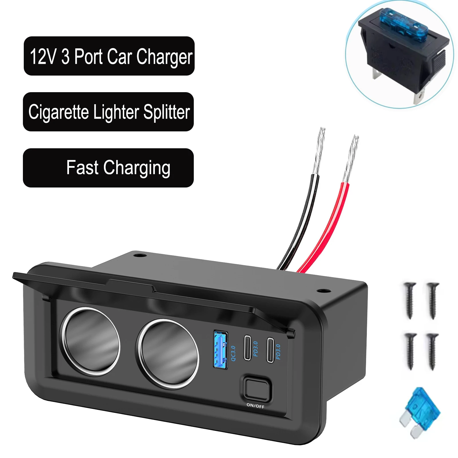 12-V-Autoladegerät, Netzteil QC3.0 und Dual PD3.0-Steckdose, Zigarettenanzünder, mehrere Steckdosen mit Schalter für Wohnmobil, Marine, LKW, ATV, UTV