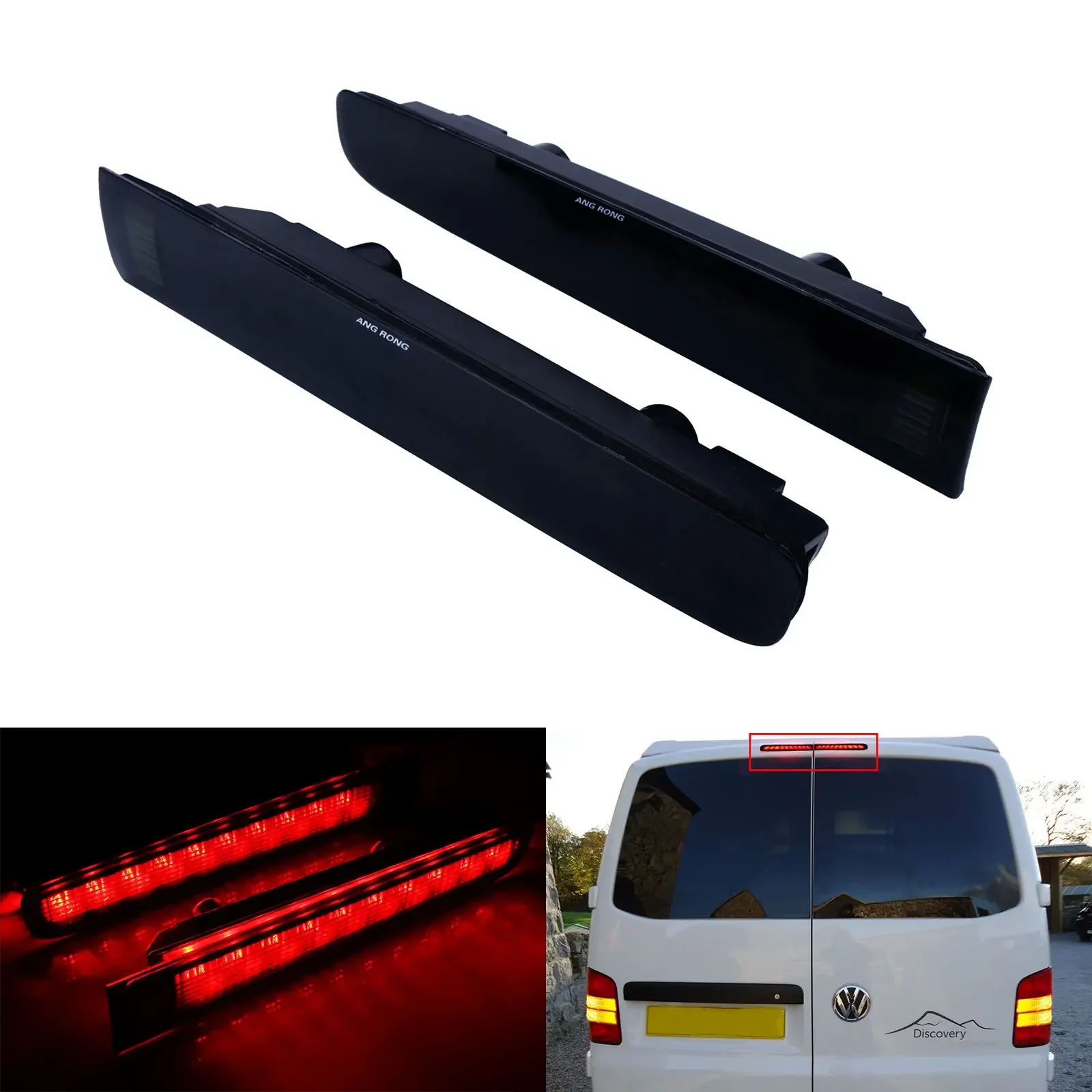 ANGRONG Red LED High Level Brake Stop Light Black Lens L+R For VW T5 T6 Transporter Barn Door 2003-up