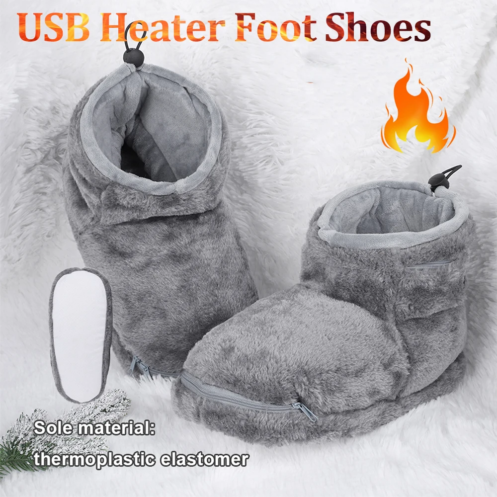 USB Heater Foot Shoes for Men Women Winter Warm Snow Boots Plush Warm Electric Slippers Washable Comfortable Feet Heated Shoes