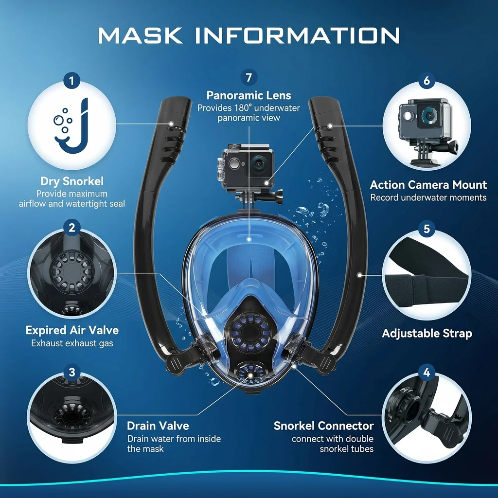 Full-face snorkelling mask featuring the latest dry-top system; 180-degree foldable panoramic snorkelling mask with camera mount