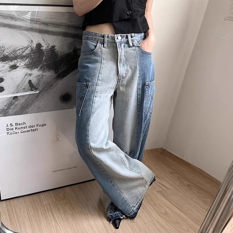 

Vintage High Waist Color Patchwork Wide Leg Jeans Women Chic Pockets Loose Denim Pants Korean Fashion Jean Pantalones P103