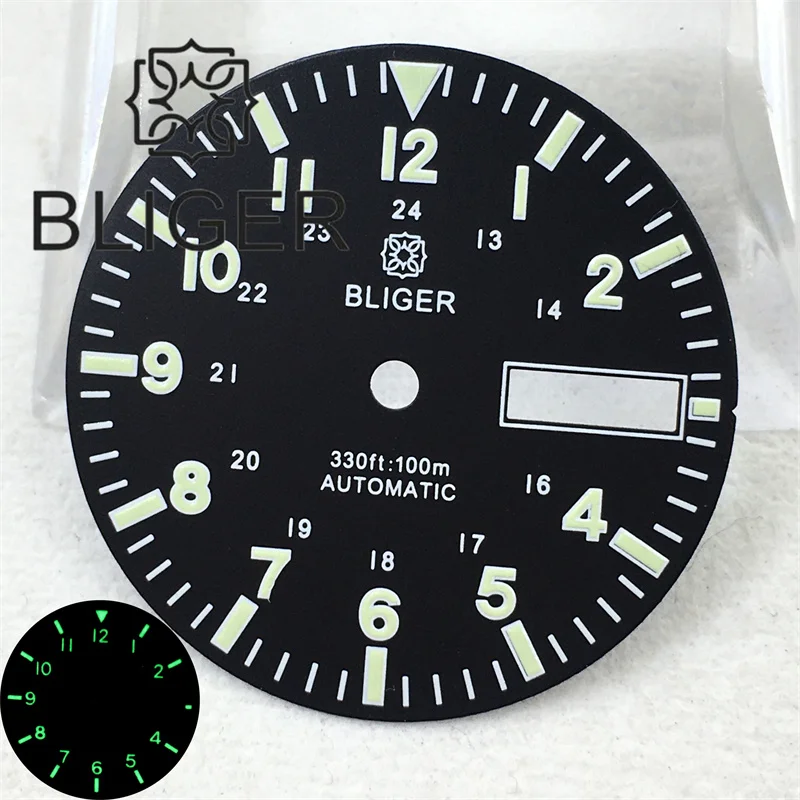 BLIGER 29mm Black White Blue Yellow Red Pilot Watch Dial C3 Green Luminous Sterile Dial Week Date Window fit NH36 Movement Parts