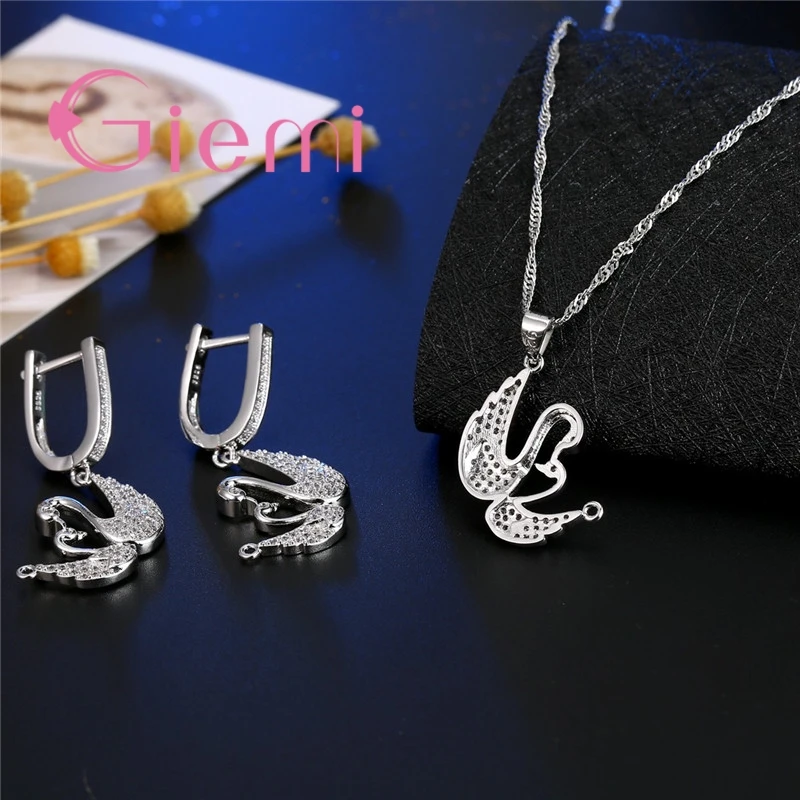 The Best Gift For Bride Two Swan Togetger 925 Sterling Silver  Earrings+Necklace Crystal Jewelry Sets Cubic Zircon Bijoux