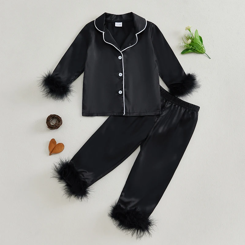 Children Kids Baby Girls Satin Pyjamas Set Baby Sleepwear Pijama Solid Feather Trim Long Sleeve Shirts Pants Pajamas Loungewear