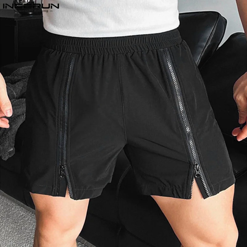 INCERUN Men Shorts Solid Color Elastic Waist Loose Zipper Joggers Casual Men Bottoms Streetwear Summer 2024 Fashion Male Shorts