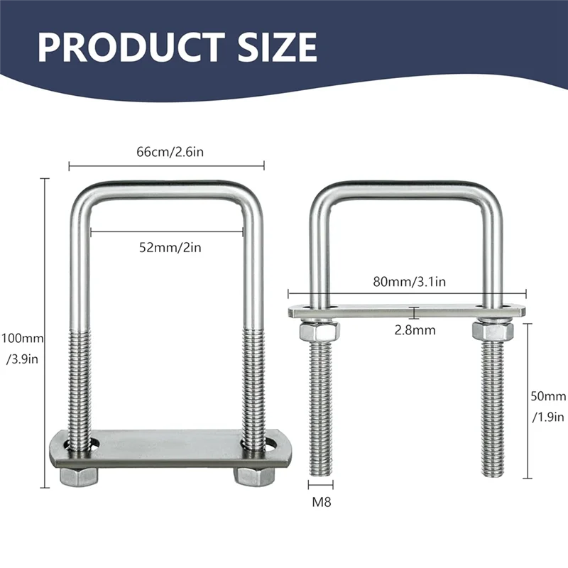 ABKY-4 ชุด M8 สแควร์ U-Bolts Heavy Duty เหล็กคาร์บอน U Bolt สําหรับเรือ Trailer Tube, ไม้สี่เหลี่ยมผืนผ้าและโลหะวัตถุ