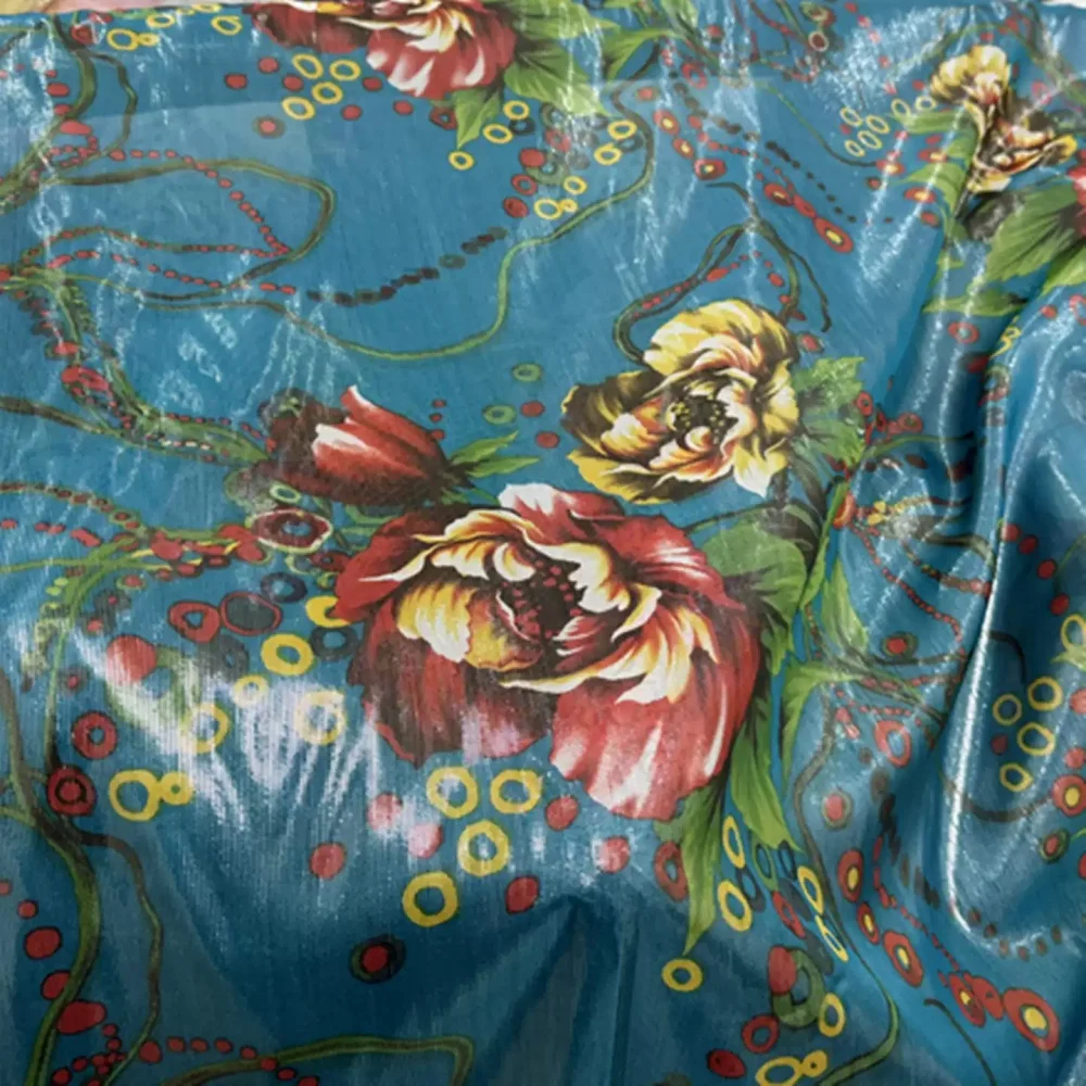 Density Shiny Blue Lame Large Red Flowers Lurex Sliver Lines Silk Metallic Fabric for Women Lady Elegant Dress Garment Clothing