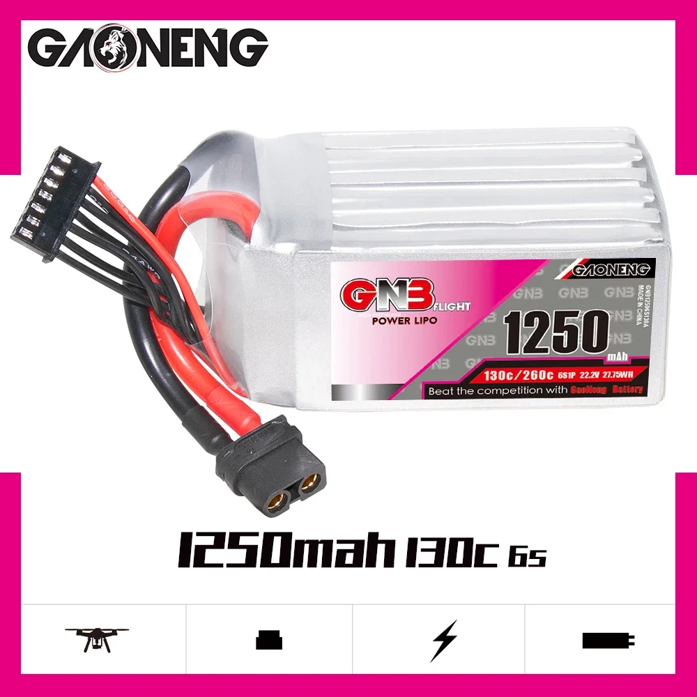 

GAONENG GNB 1250mAh 6S 130C 260C 22.2V XT60 LiPo Battery Size 180-330mm Brushless FPV Cine Whoop Cinelog Helicopter