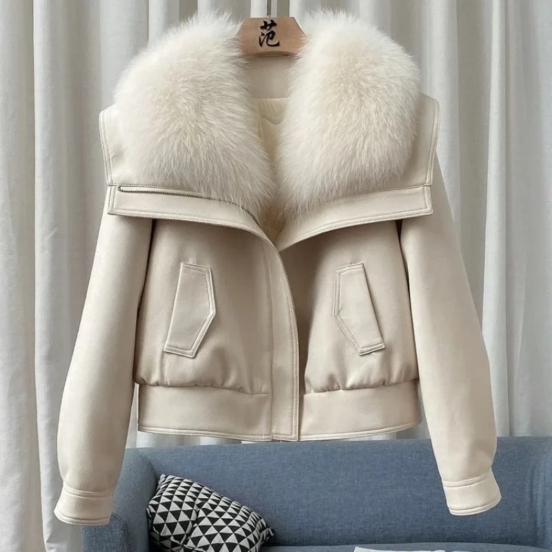 2024ฤดูหนาวขนสัตว์สุนัขจิ้งจอกจริงBig Fur Collar Warm Coat Off WhiteSheepskinหนังเสื้อผ้าหนังเทียมเสื้อแจ็คเก็ตรถจักรยานยนต์ผู้หญิง