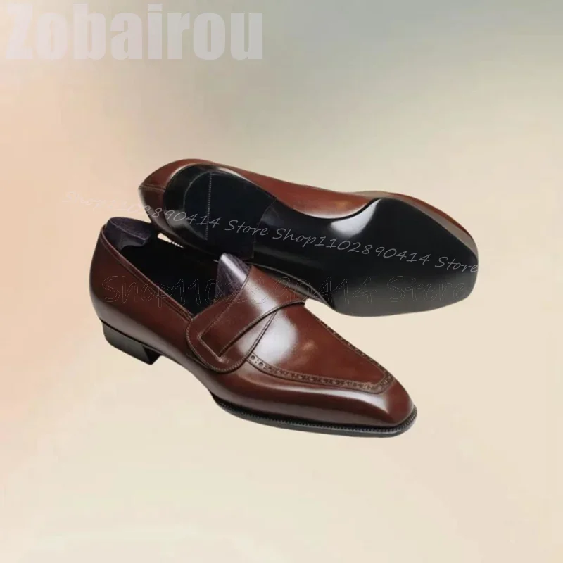 

Brown Carving Design Matte Leather Square Toe Loafers Fashion Slip On Men Shoes Luxurious Handmade Party Office Men Dress Shoes