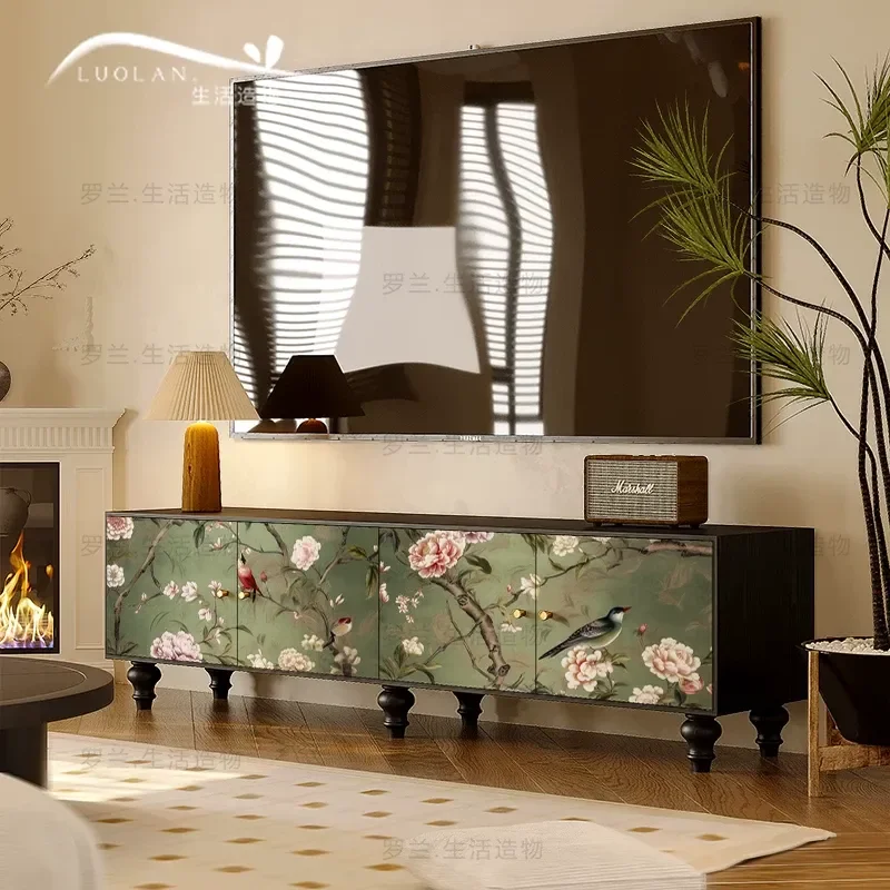 Green Retro Solid Wood TV Cabinet Antique Style Bedside Locker Living Room Flower and Bird Pattern Storage Cabinet