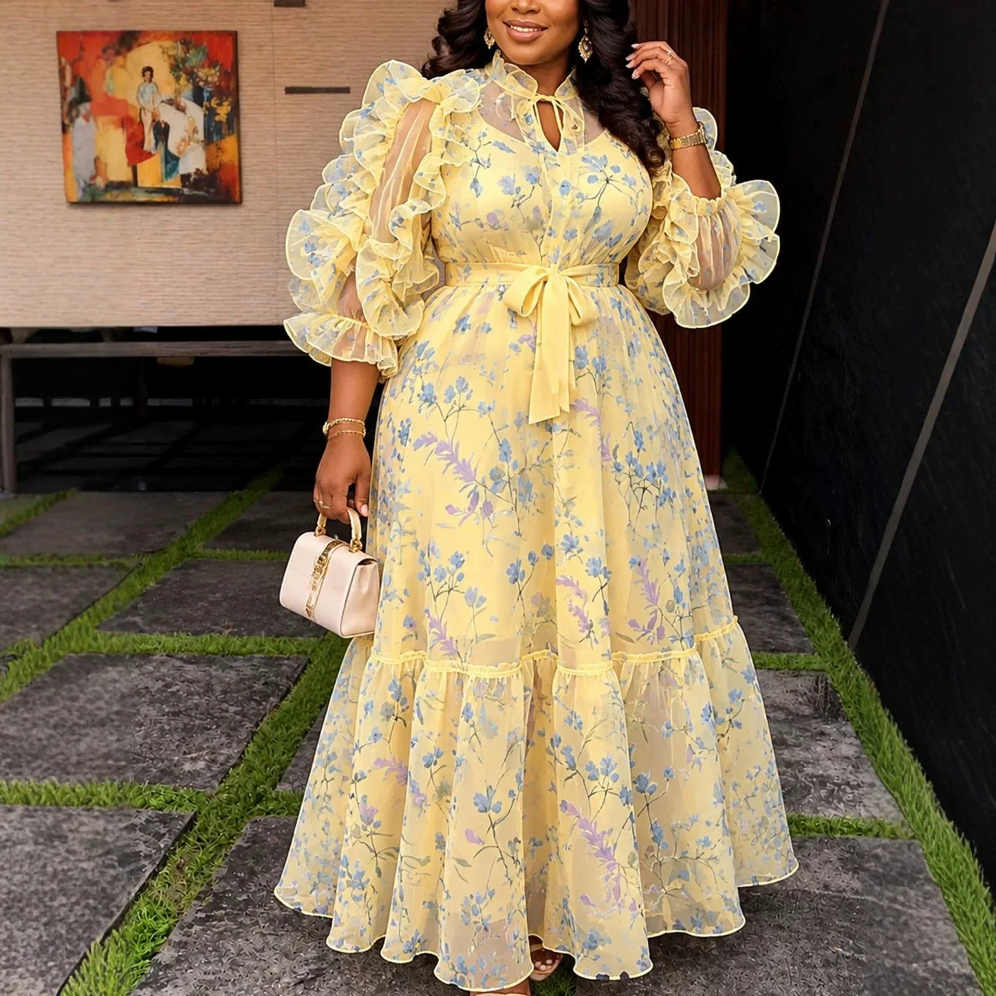 Elegant Women Printed Chiffon Two Piece Set Tie Neck 3/4 Puff Sleeve Inner Tank Dress Chic Wedding Guest Party Formal Occasions